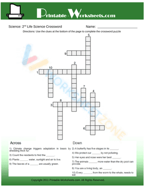 2th Grade Science Life Science Crossword