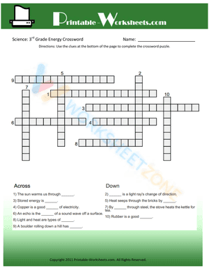 3th Grade Science Energy Crossword