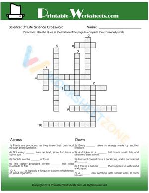 3th Grade Science Life Science Crossword