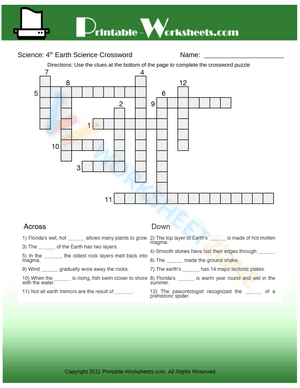 4th Grade Science Earth Science Crossword