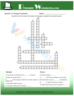 4th Grade Science Energy Crossword