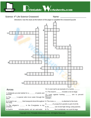 4th Grade Science Life Science Crossword