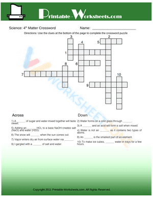 4th Grade Science Matter Crossword