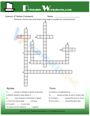 4th Grade Science Motion Crossword