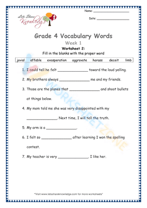 4th grade vocabulary worksheets 1