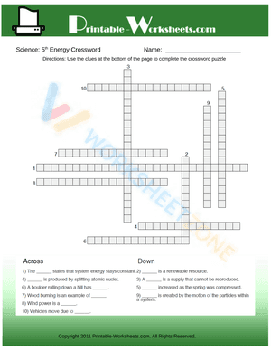 5th Grade Science Energy Crossword