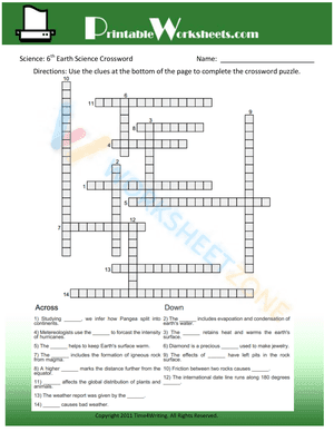 6th Grade Science Earth Science Crossword