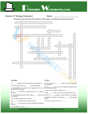 6th Grade Science Energy Crossword
