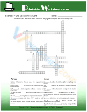 7th Grade Science Life Science Crossword