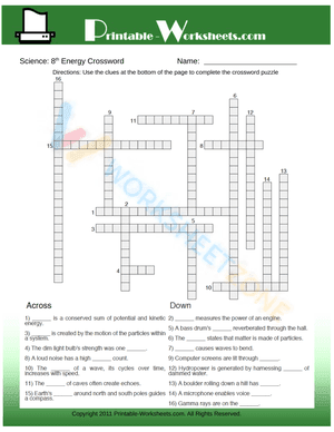 8th Grade Science Energy Crossword