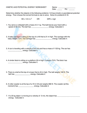 KINETIC AND POTENTIAL ENERGY WORKSHEET  2