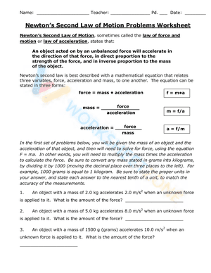 Newton’s Second Law of Motion Problems Worksheet
