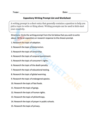 Expository Writing Prompt List and Worksheet
