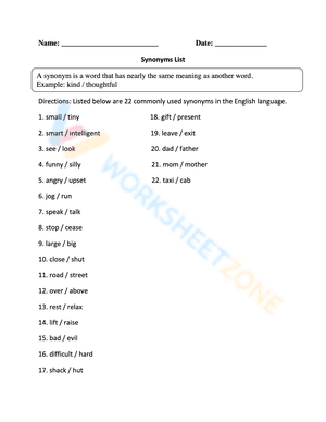 synonyms worksheet 1
