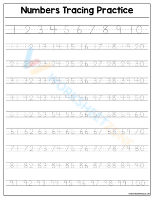 Numbers handwriting practice worksheet from 1 to 100
