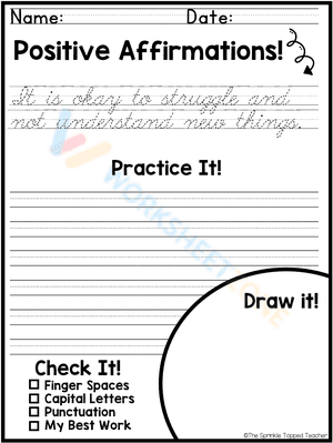 Practice worksheet to improve your handwriting - positive affirmations
