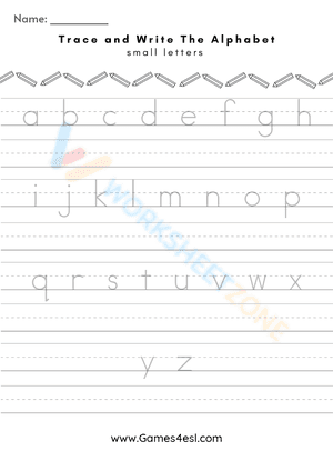 Alphabet handwriting practice worksheet lower case