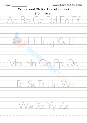 Alphabet handwriting practice worksheet - Upper and lower case trace