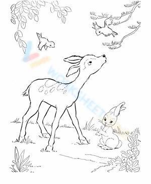 A deer playing with a rabbit and two birds