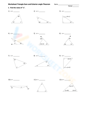 Worksheet Triangle Sum and Exterior angle Theorem