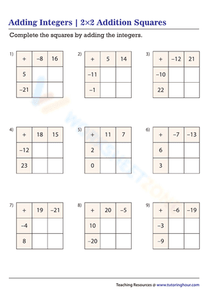 Adding Integers | 2x2 Addition Squares