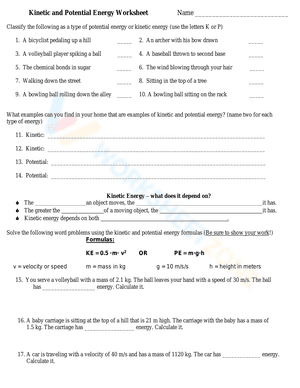 Kinetic and Potential Energy Worksheet 