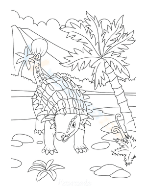 Ankylosaurs near volcano and trees