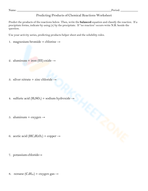 Predicting Products of Chemical Reactions Worksheet
