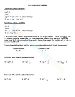 Intro to Logarithms Worksheet
