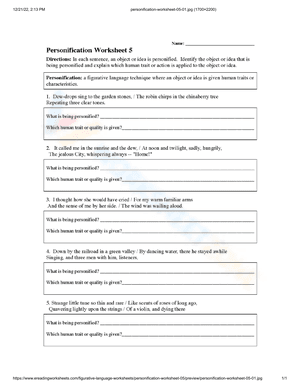 Personification worksheet 5
