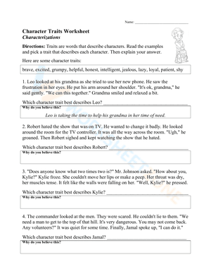 Character Traits Worksheet - Characterizations