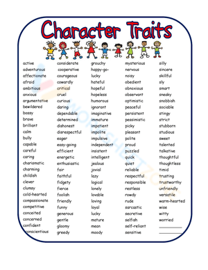 Character trait wordsearch