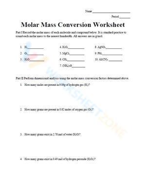 Molar Mass Conversion Worksheet