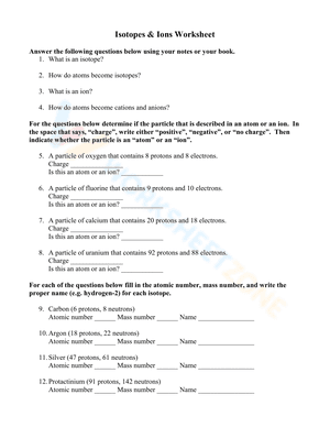 Isotopes & Ions Worksheet