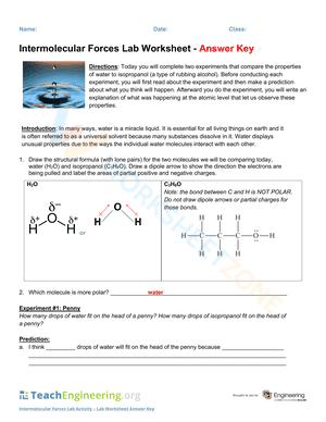 Intermolecular Forces Lab Worksheet - Answer Key