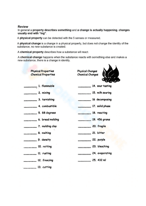 Worksheet of physical and chemical changes