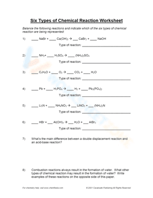 Six types of chemical reaction worksheet