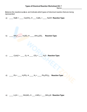 Types of Chemical Reaction Worksheet