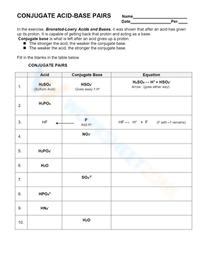 Conjugate Acid and Base Pairs Worksheet 2