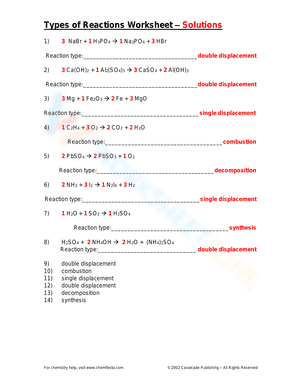 Types of Reactions Worksheet – Solutions