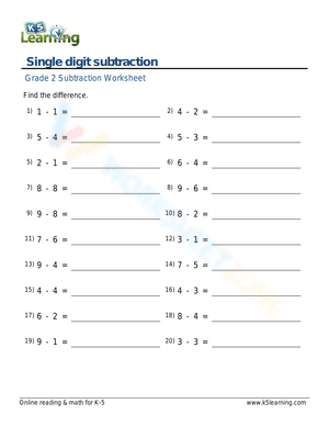 Single digit subtraction worksheet