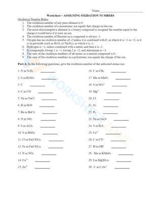 Worksheet - ASSIGNING OXIDATION NUMBERS