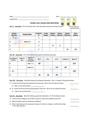 Worksheet of atoms, isotopes and ions