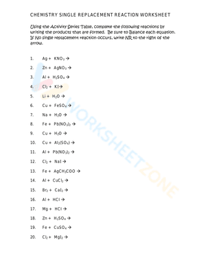 CHEMISTRY SINGLE REPLACEMENT REACTION WORKSHEET 