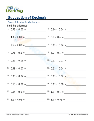 Subtraction of Decimals 2