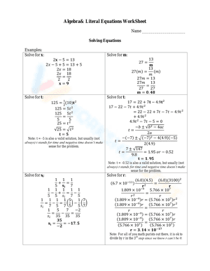 Algebra& Literal Equations WorkSheet