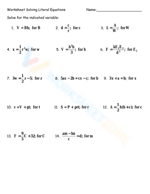 Worksheet Solving Literal Equations 