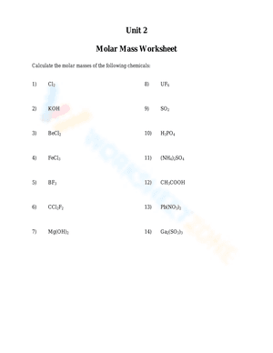 Molar Mass Worksheet 2