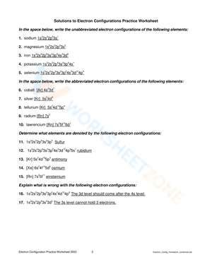 Solutions to Electron Configurations Practice Worksheet