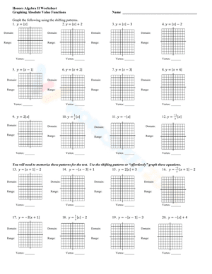 Graphing Absolute Value Functions worksheet